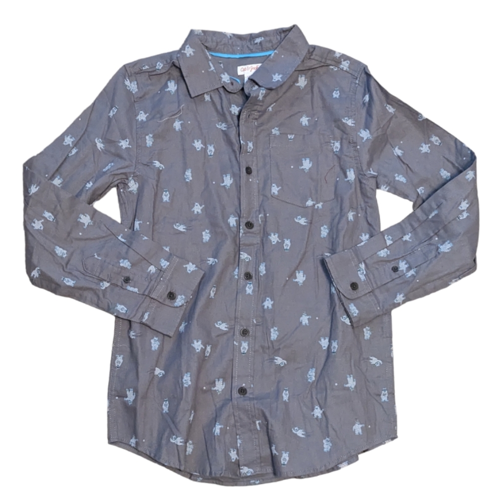 💥🆕 Cat & Jack Gray Yeti Long Sleeve Button Down Kids L 12-14